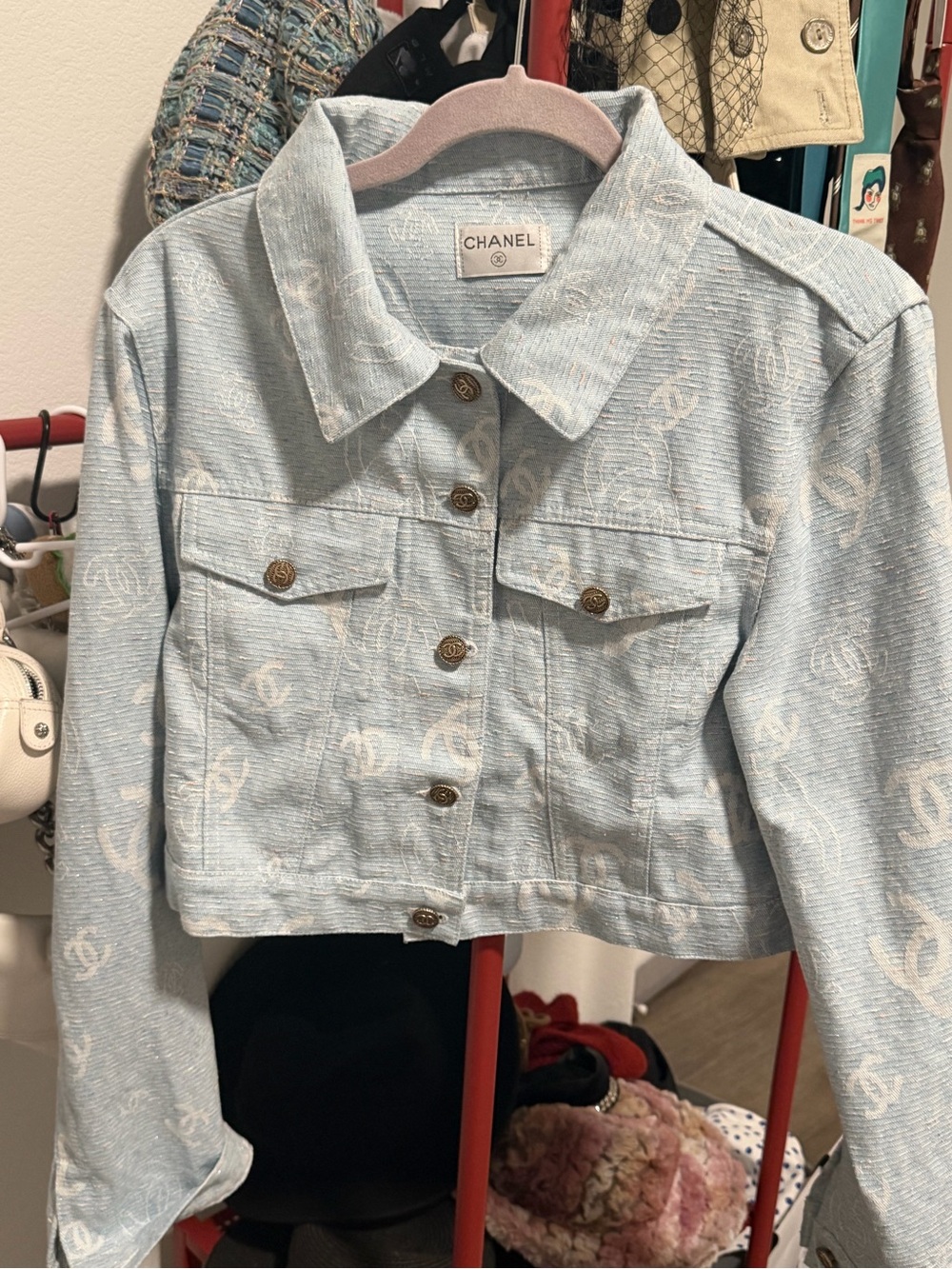 Vintage-Inspired Blue Monogram Cropped Denim Jacket